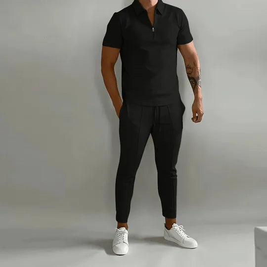 Męski komplet z koszulką polo i spodniami w stylu casual - Czarny