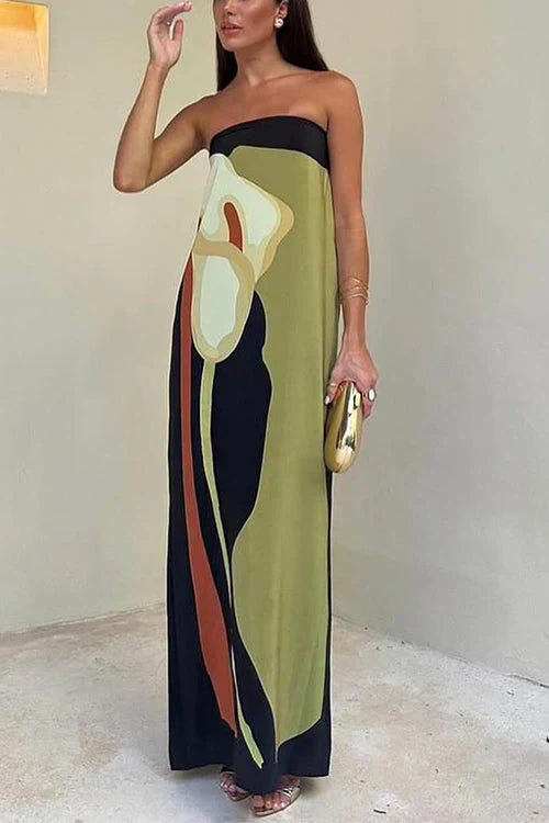 Elegancka wzorzysta sukienka maxi bez ramiączek