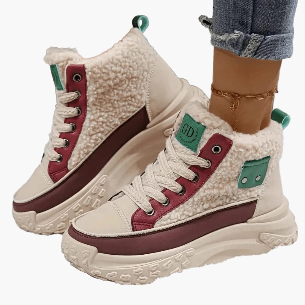 Damskie sneakersy za kostkę z ciepłym futerkiem i podeszwą plateau - Khaki (Czerwony)