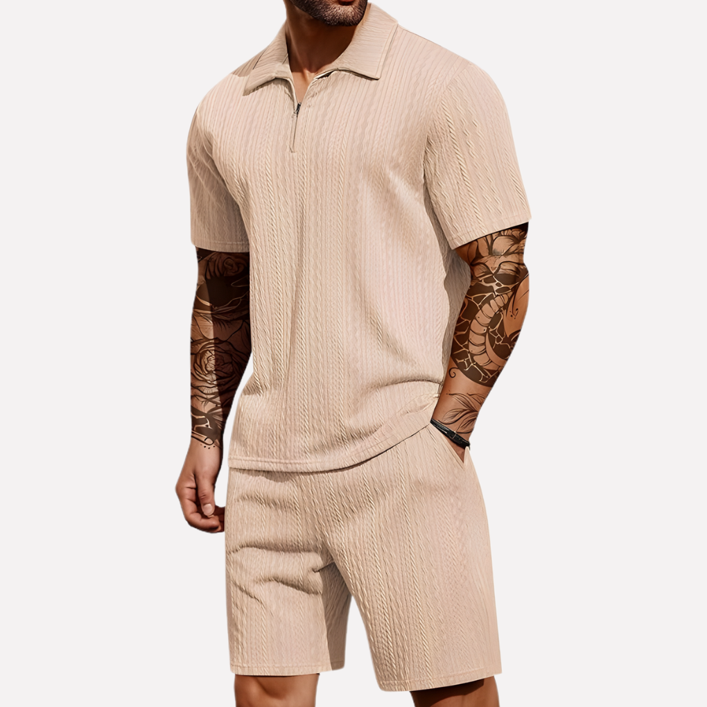 Męski komplet casualowy 2-częściowy: polo i szorty - Jasne khaki