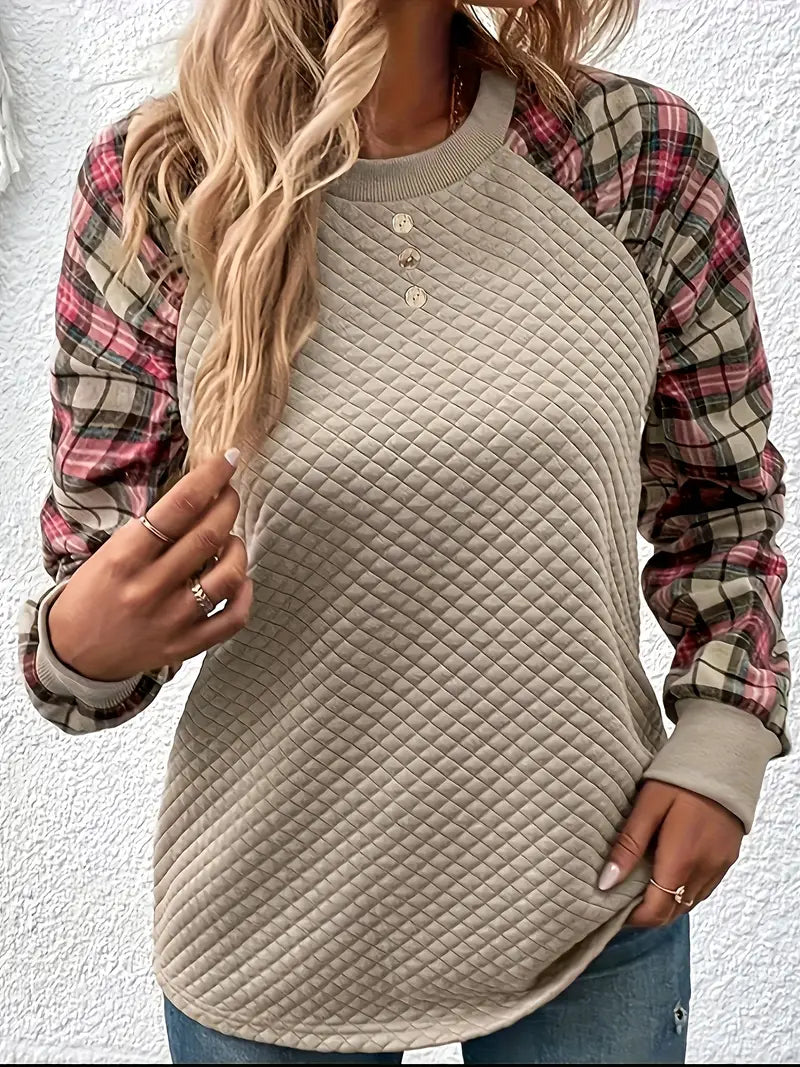 Damski sweter z kraciastymi rękawami raglanowymi - Morelowy