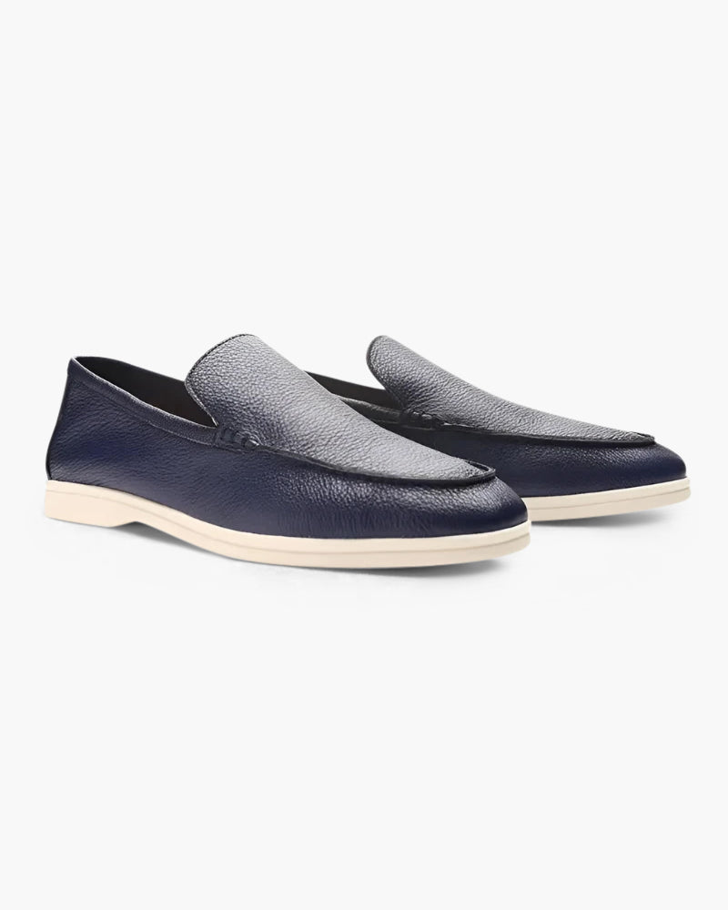 Męskie skórzane mokasyny slip-on w granatowo-szarej kolorystyce - Granatowy