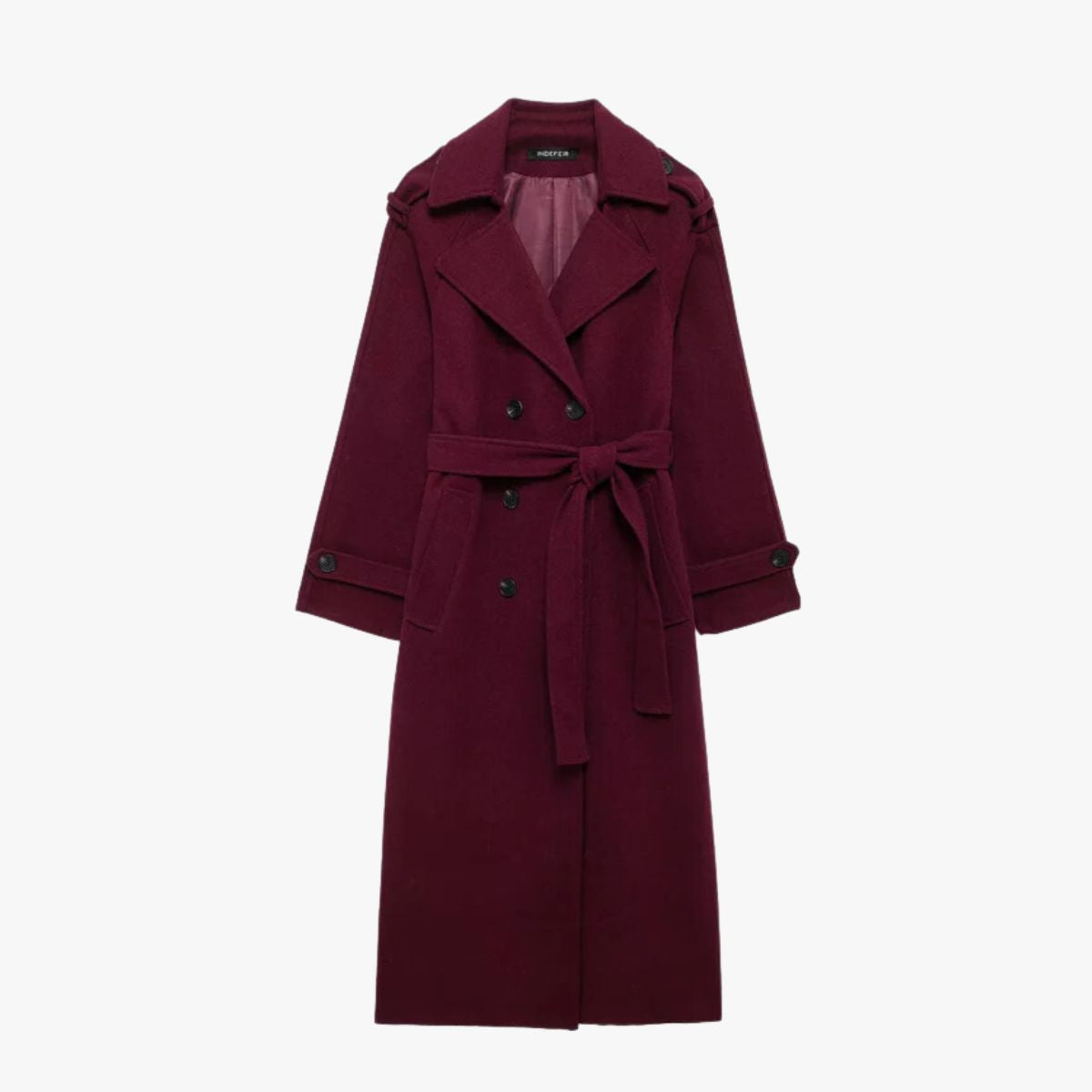 Elegancki bordowy trencz z paskiem - Bordo