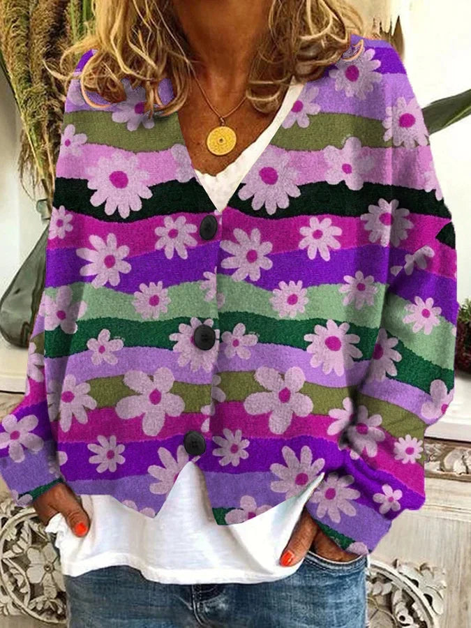 Kolorowy damski kardigan z guzikami w stylu vintage - Fioletowy