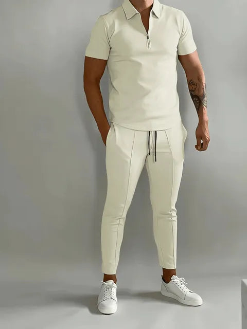 Męski komplet z koszulką polo i spodniami w stylu casual - Beżowy