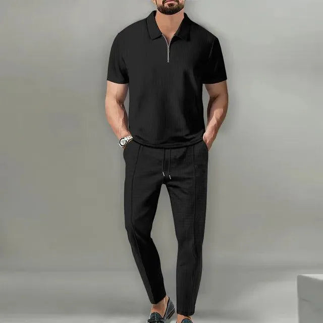 Dwuczęściowy zestaw męski z polo i eleganckimi spodniami - Czarny