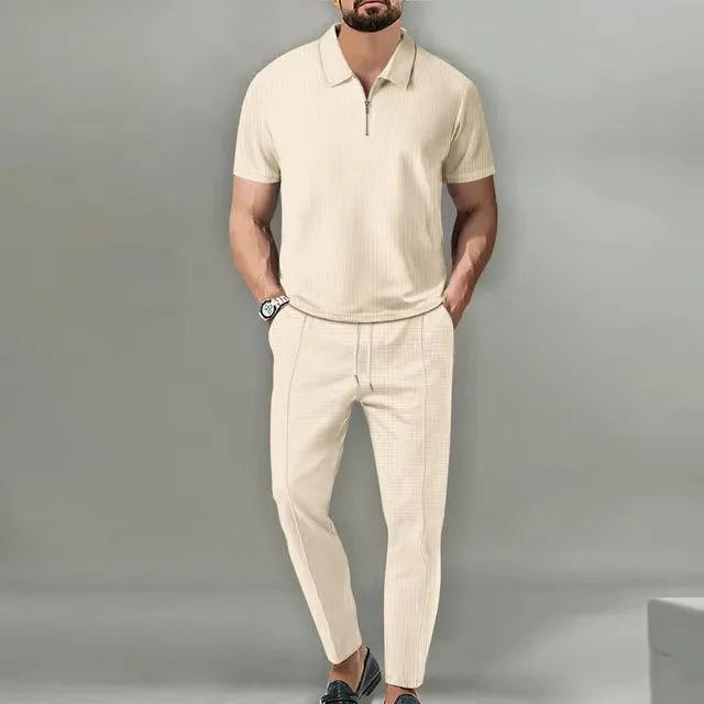 Dwuczęściowy zestaw męski z polo i eleganckimi spodniami - Brązowy