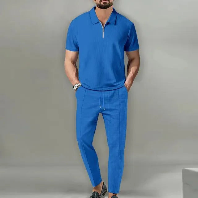Dwuczęściowy zestaw męski z polo i eleganckimi spodniami - Niebieski