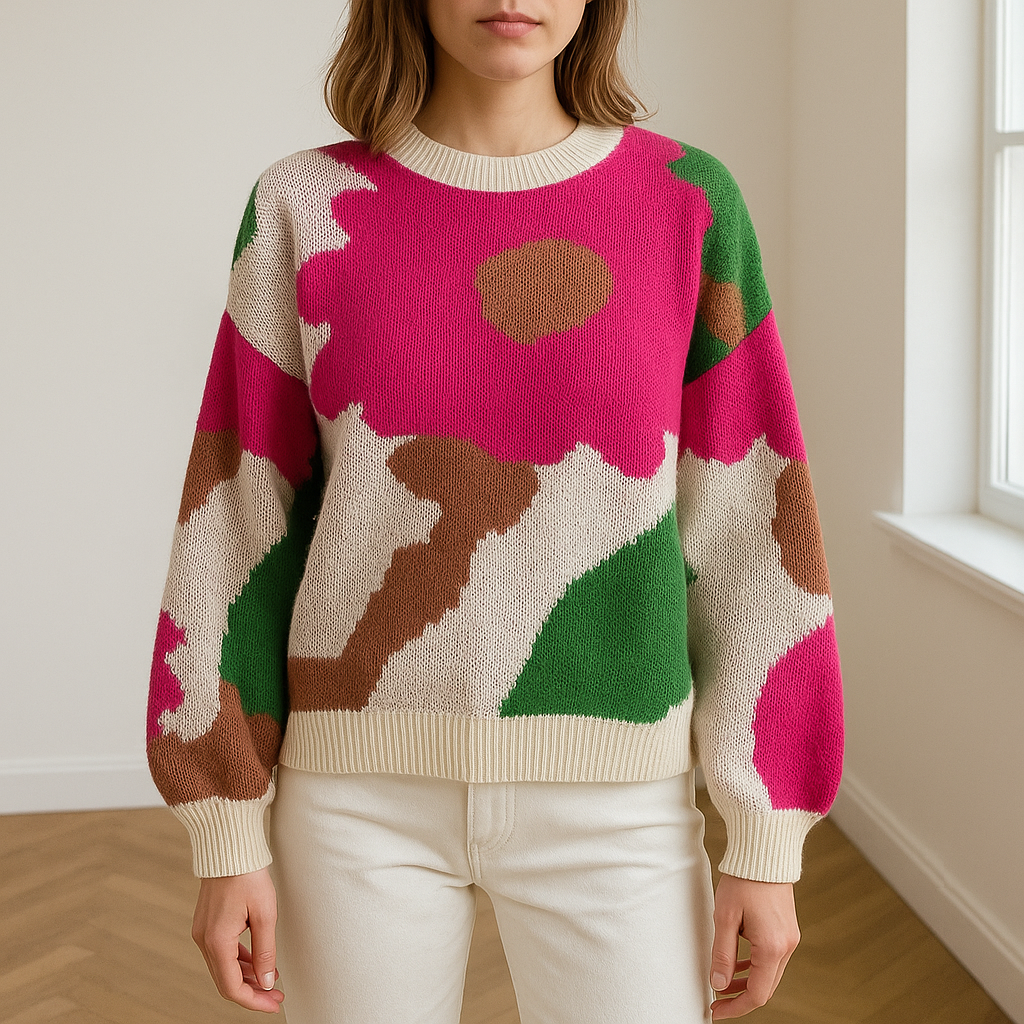 Damski sweter w abstrakcyjny kwiatowy wzór - Różowy