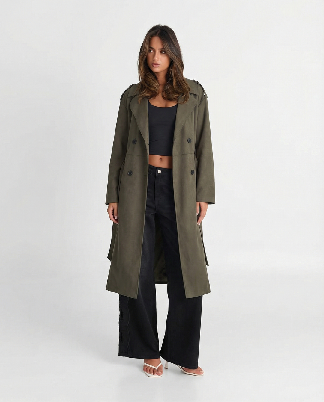 Długi płaszcz typu trench z podwójnym zapięciem - Khaki