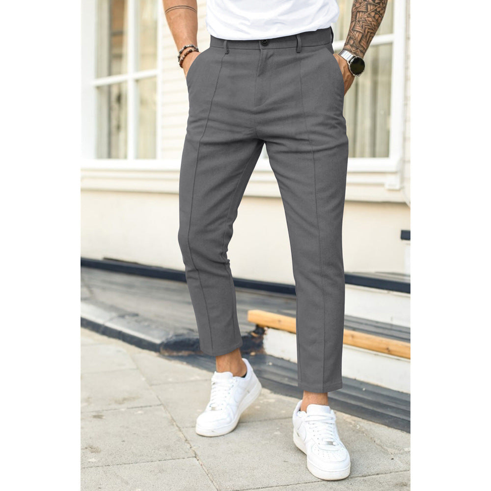 Eleganckie spodnie męskie slim fit z pionowym kantem - Szary