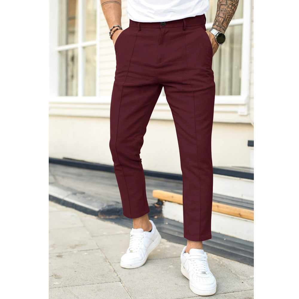 Eleganckie spodnie męskie slim fit z pionowym kantem - Czerwony winny