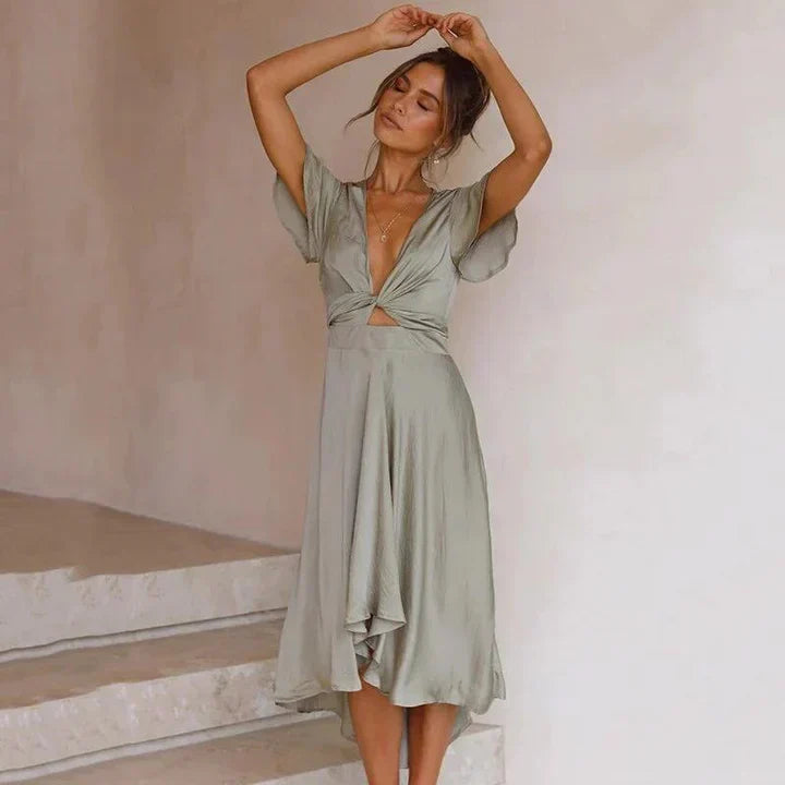 Zwiewna sukienka midi w eleganckim stylu vintage - Zielony Oliwkowy