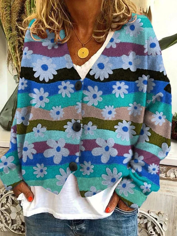 Kolorowy damski kardigan z guzikami w stylu vintage - Niebieski