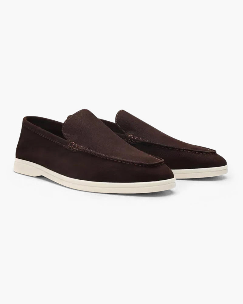Męskie skórzane mokasyny slip-on w granatowo-szarej kolorystyce - Brązowy