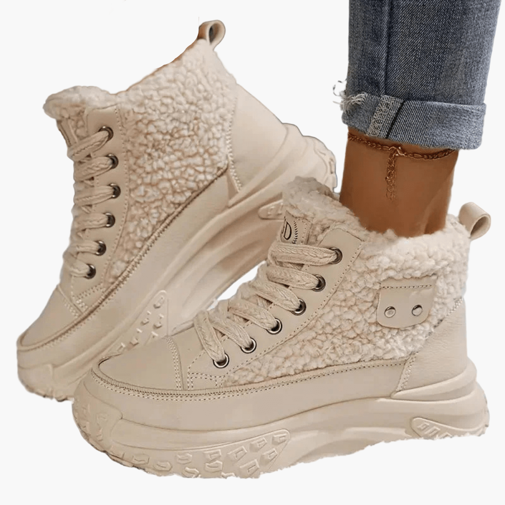 Damskie sneakersy za kostkę z ciepłym futerkiem i podeszwą plateau - Khaki