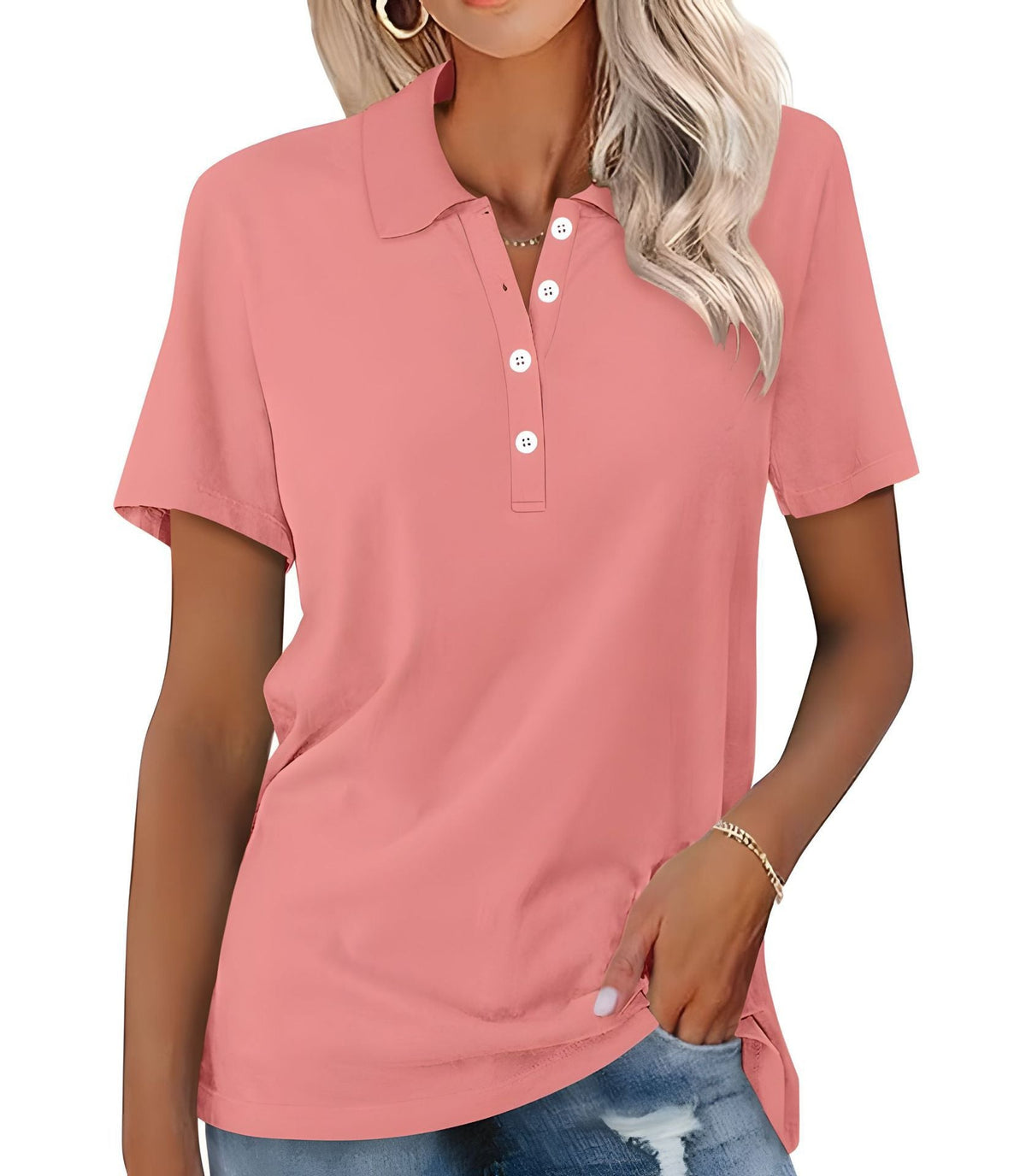 Damska koszulka polo slim fit z krótkim rękawem - Jasnoróżowy