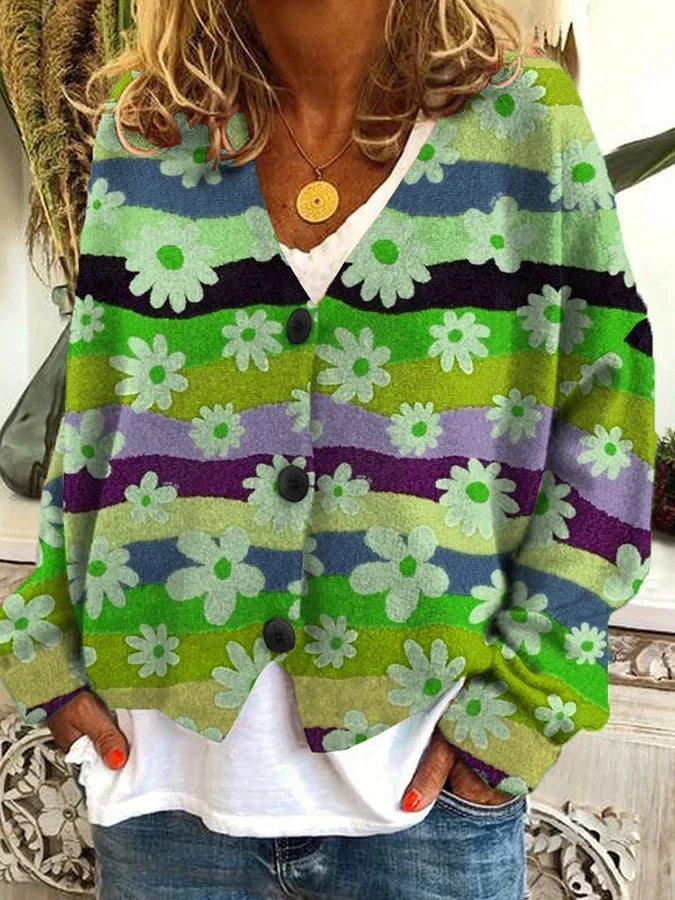 Kolorowy damski kardigan z guzikami w stylu vintage - Zielony
