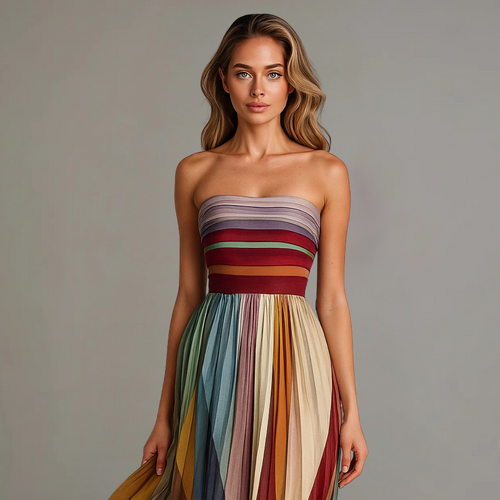 Damska plisowana sukienka maxi bez ramiączek colorblock