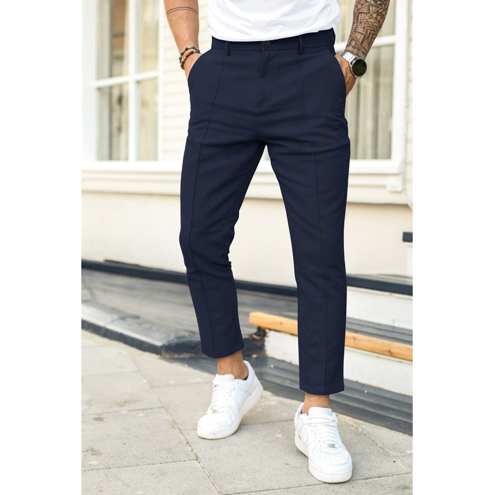 Eleganckie spodnie męskie slim fit z pionowym kantem - Niebieski