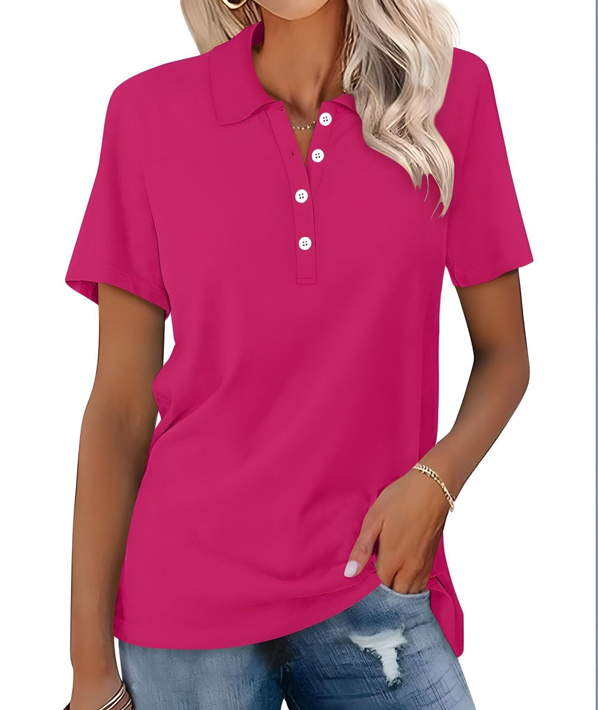 Damska koszulka polo slim fit z krótkim rękawem - Różowy