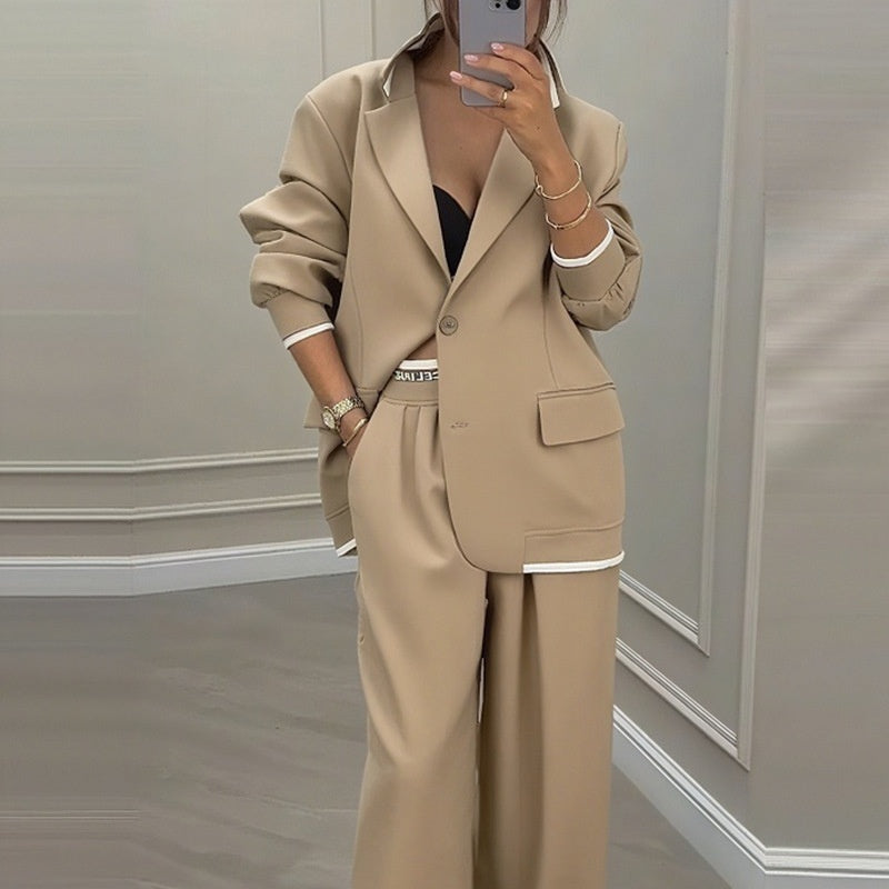 Elegancki damski komplet z marynarką i szerokimi spodniami - Khaki