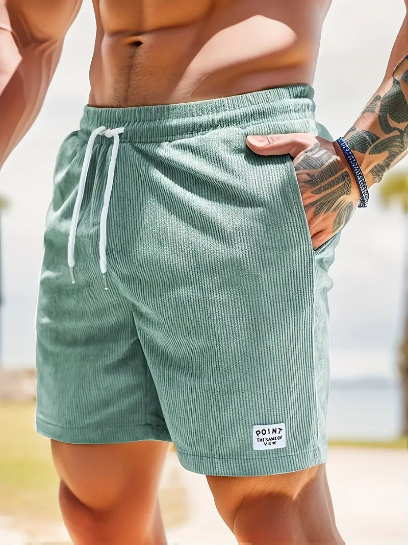 Męskie szorty welurowe ze sznurkiem w pasie - Cyjan