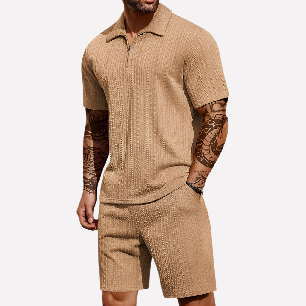 Męski komplet casualowy 2-częściowy: polo i szorty - Khaki
