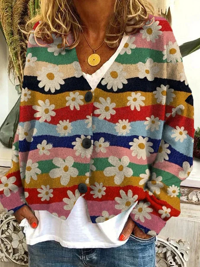 Kolorowy damski kardigan z guzikami w stylu vintage - Kurkuma