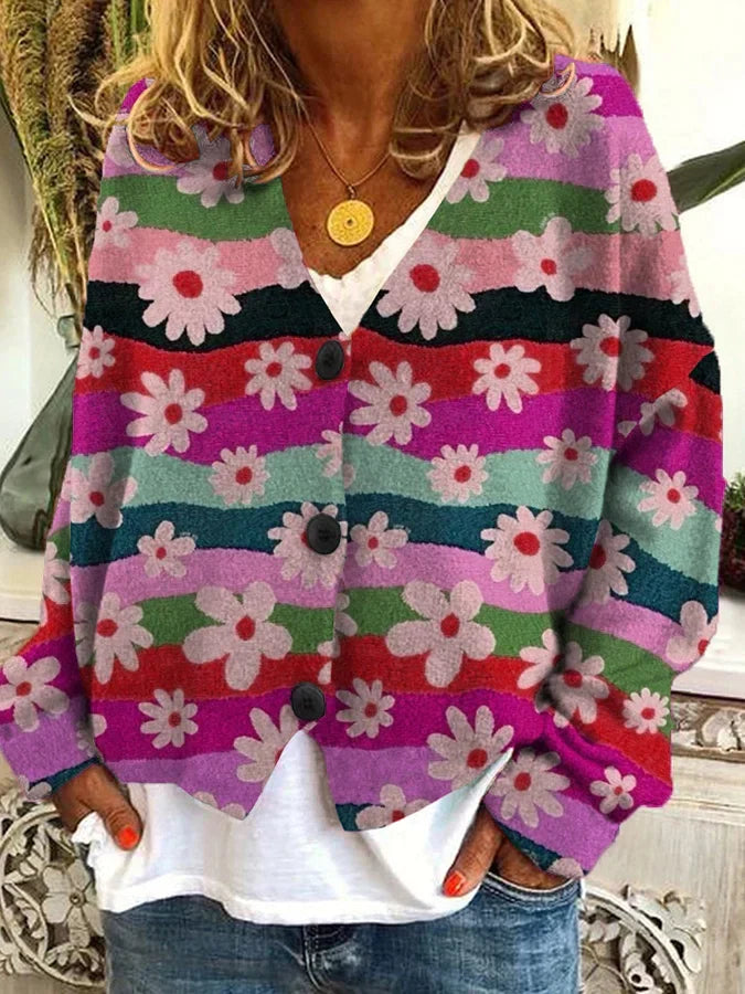 Kolorowy damski kardigan z guzikami w stylu vintage - Różowy