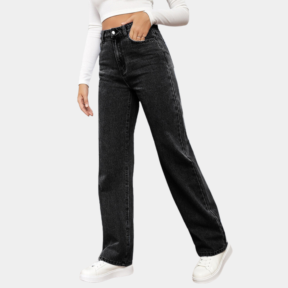 Damskie jeansy comfort fit z wysokim stanem i szeroką nogawką - Czarny