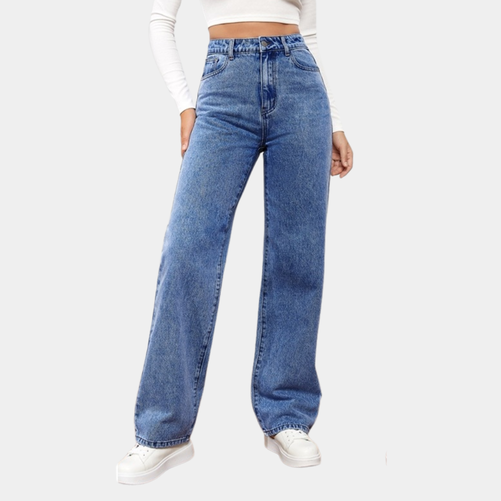 Damskie jeansy comfort fit z wysokim stanem i szeroką nogawką - Granatowy