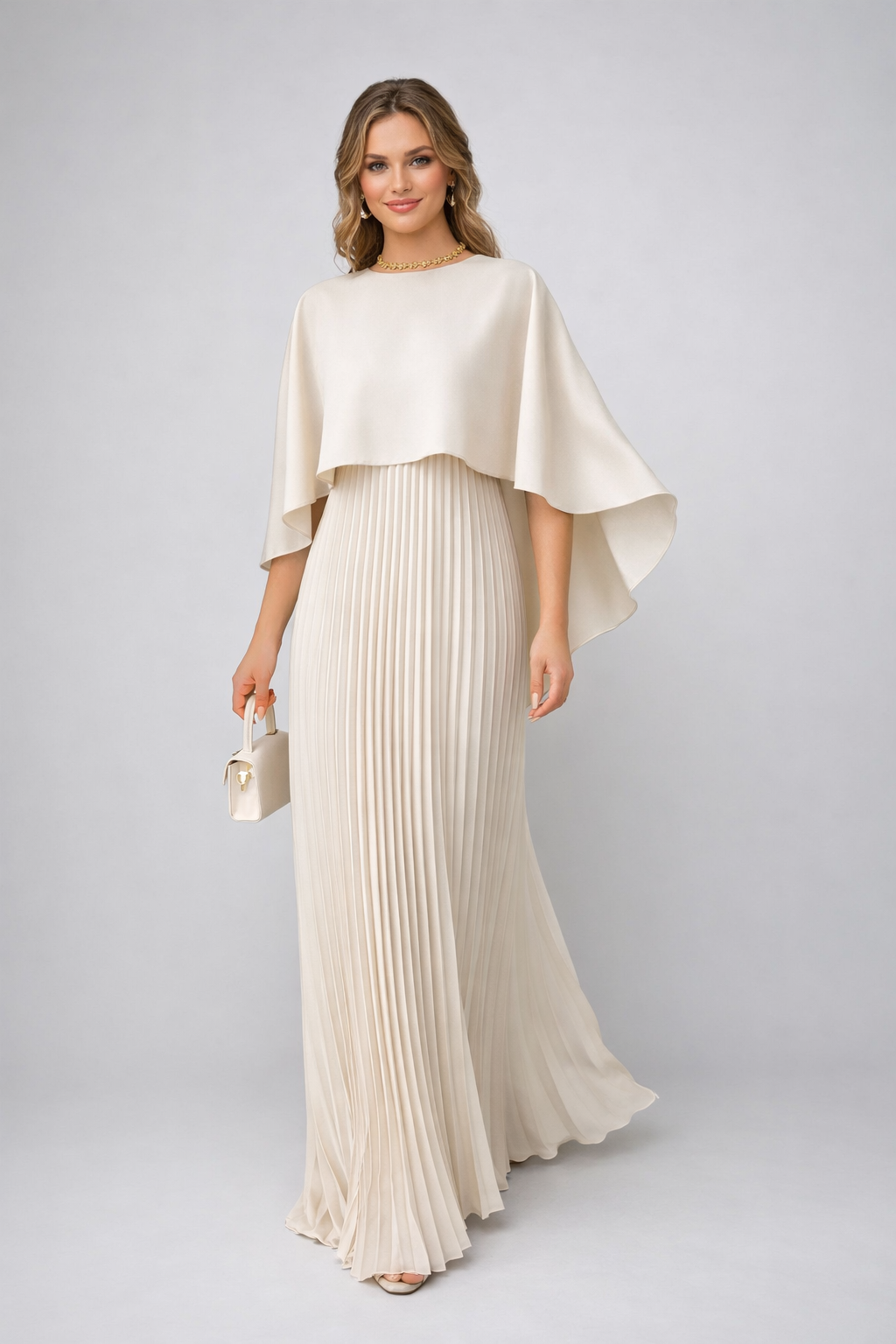 Plisowana szyfonowa sukienka maxi z wysokim kołnierzem - Off-White