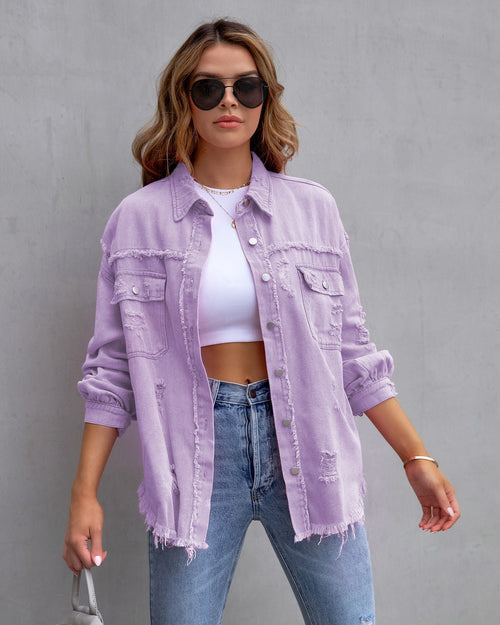 Damska kurtka jeansowa oversize z efektem vintage - Fioletowy