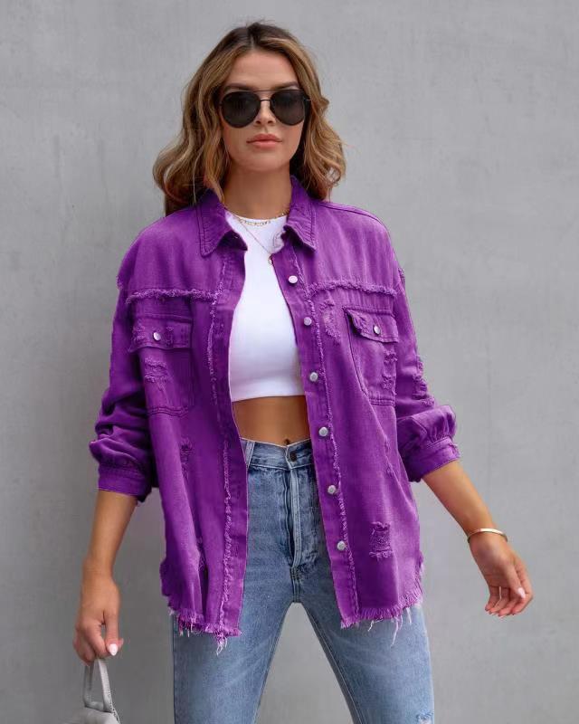 Damska kurtka jeansowa oversize z efektem vintage - Ciemnofioletowy