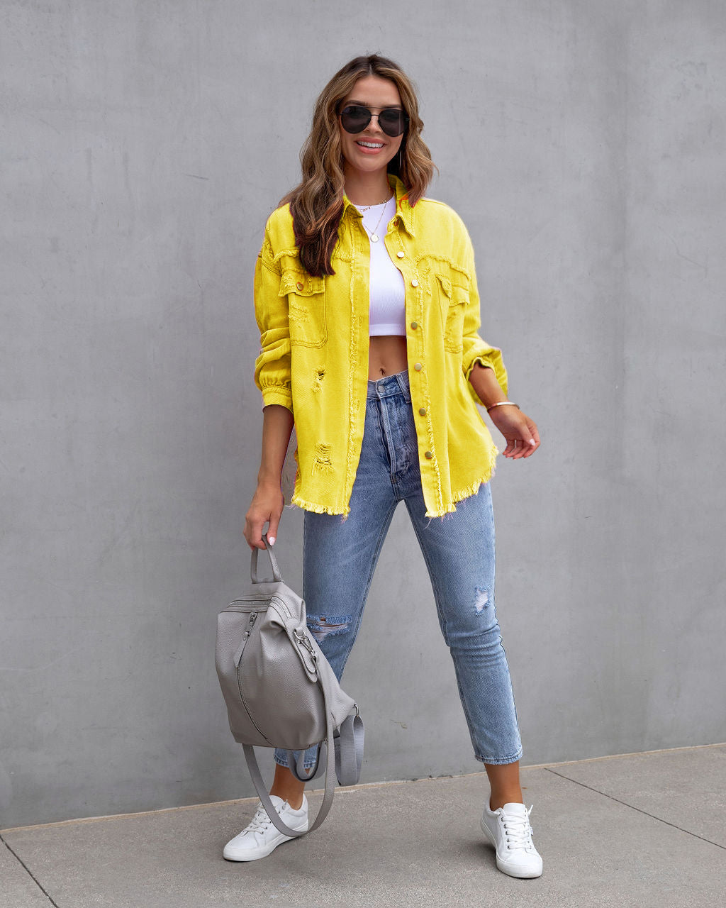 Damska kurtka jeansowa oversize z efektem vintage - Żółty