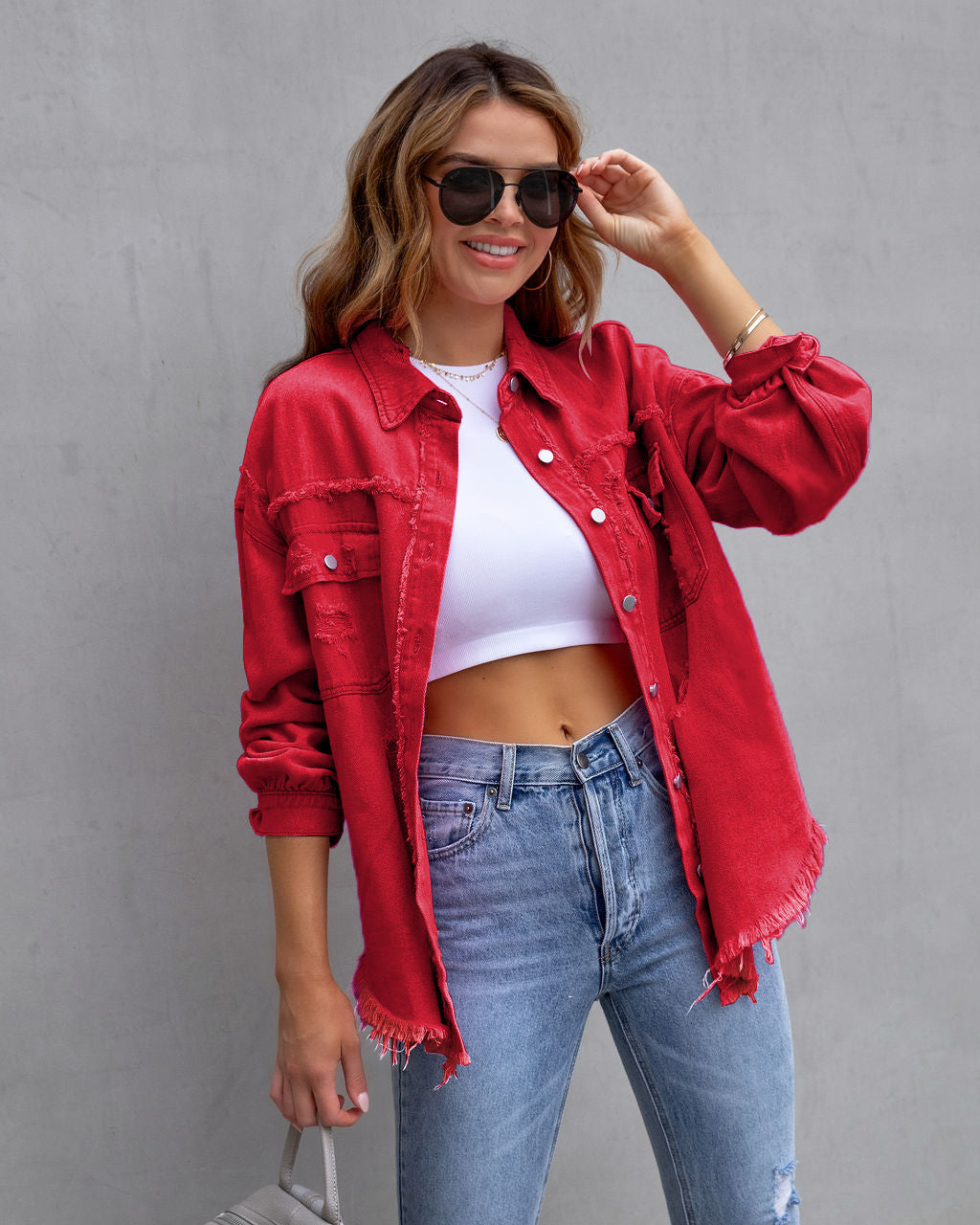 Damska kurtka jeansowa oversize z efektem vintage - Jaskrawa czerwień