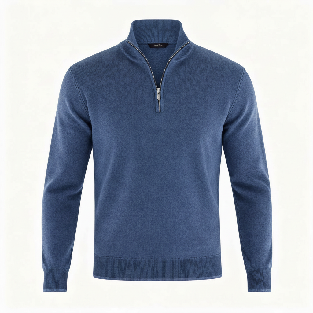 Męski sweter regular fit z dekoltem w serek i zamkiem - Niebieski