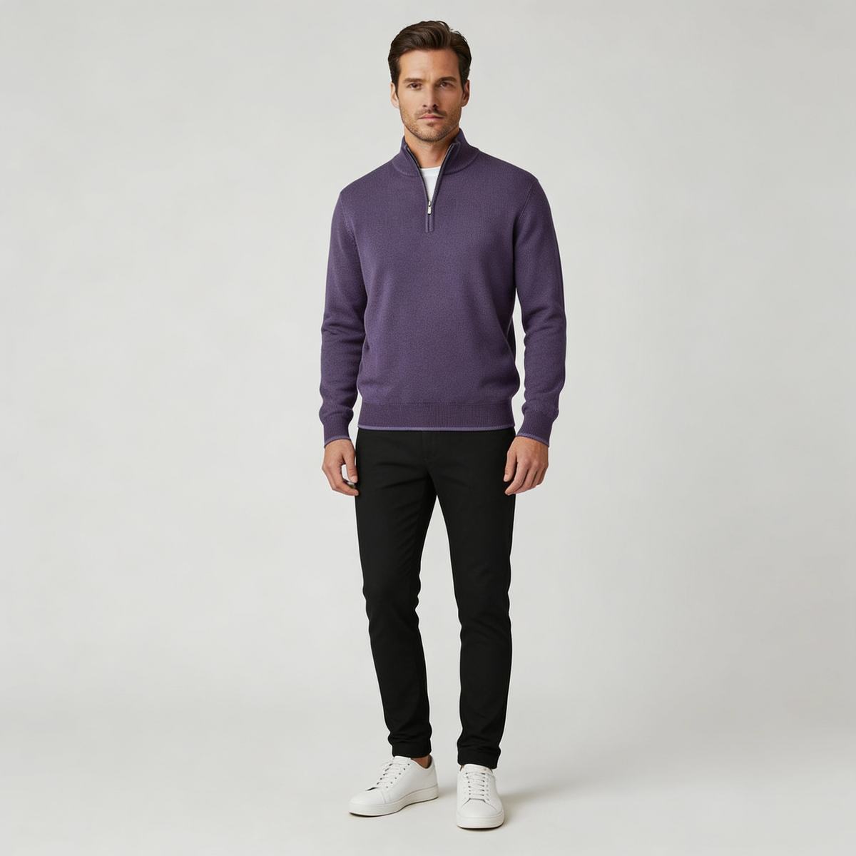 Męski sweter regular fit z dekoltem w serek i zamkiem