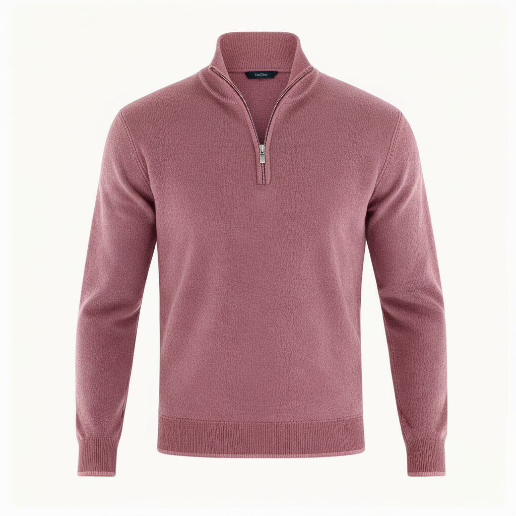 Męski sweter regular fit z dekoltem w serek i zamkiem - Różowy