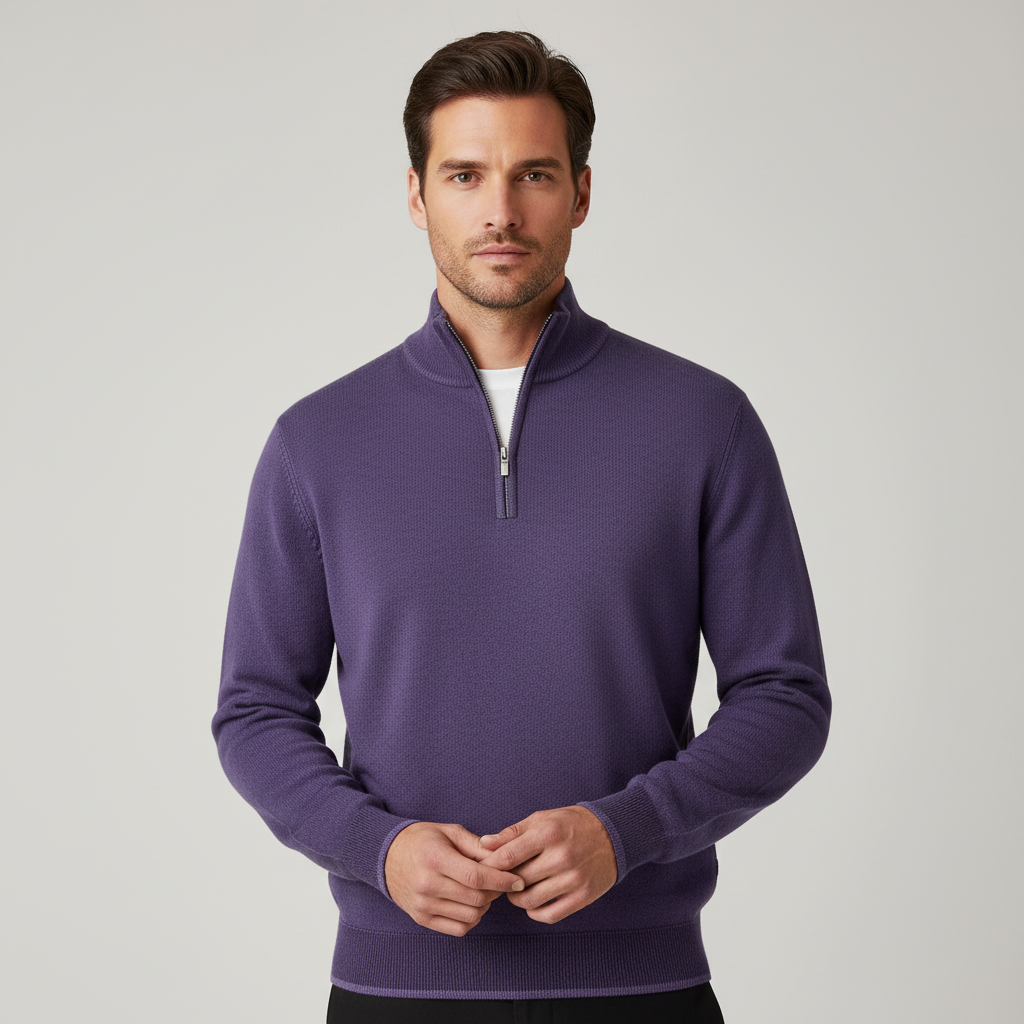 Męski sweter regular fit z dekoltem w serek i zamkiem - Fioletowy