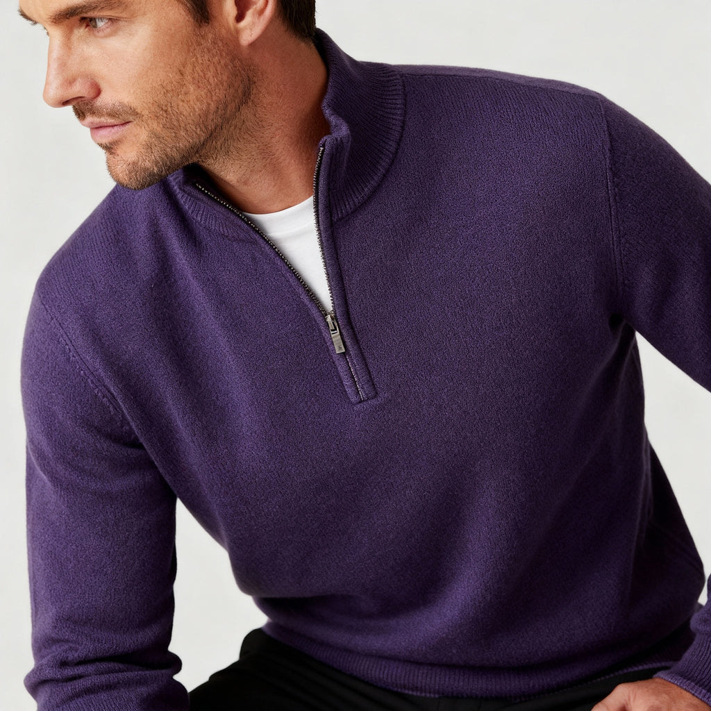 Męski sweter regular fit z dekoltem w serek i zamkiem