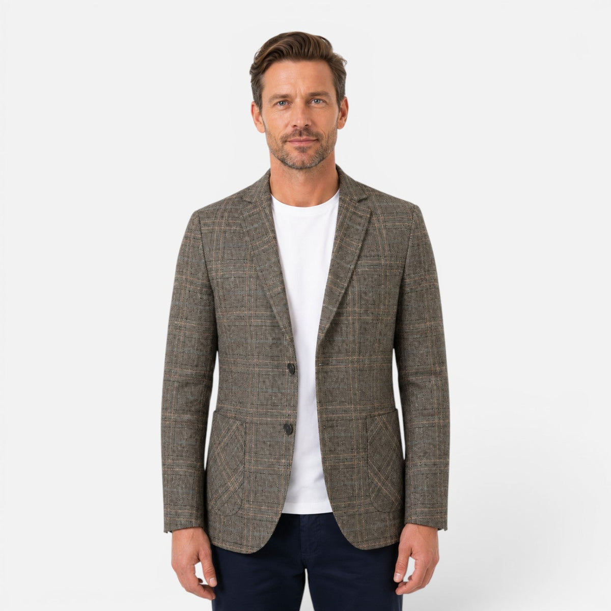 Męska kraciasta marynarka o kroju slim fit - Beżowy