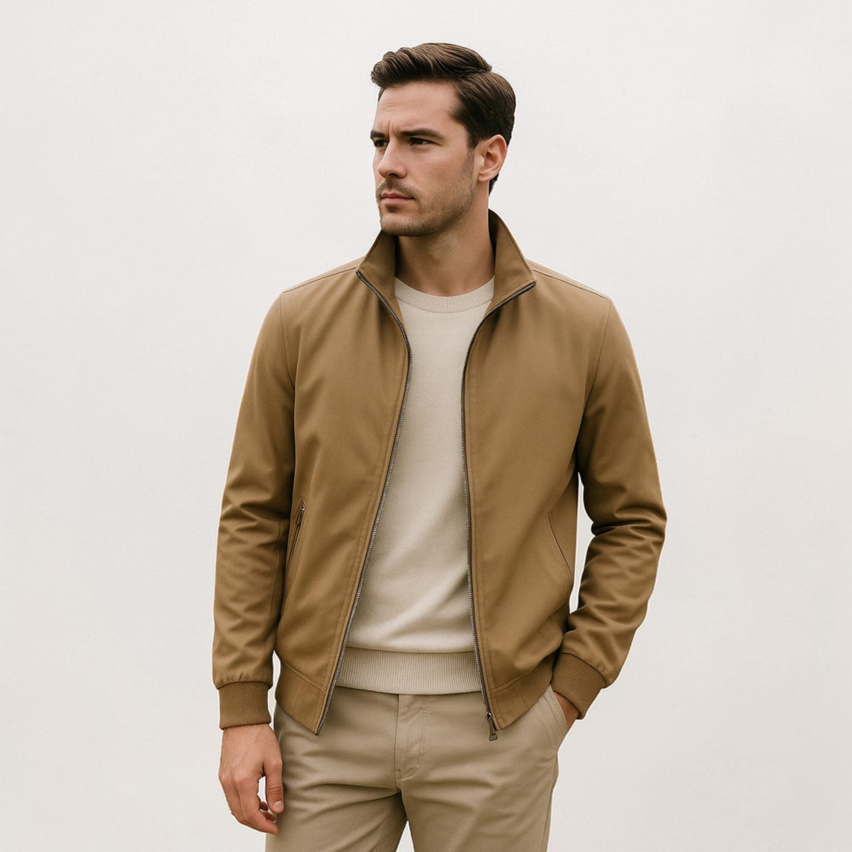 Lekka męska kurtka przejściowa na zamek w stylu smart casual - Khaki