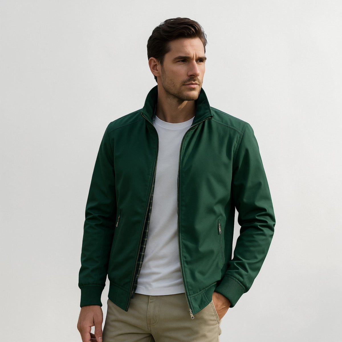 Lekka męska kurtka przejściowa na zamek w stylu smart casual - Zielony