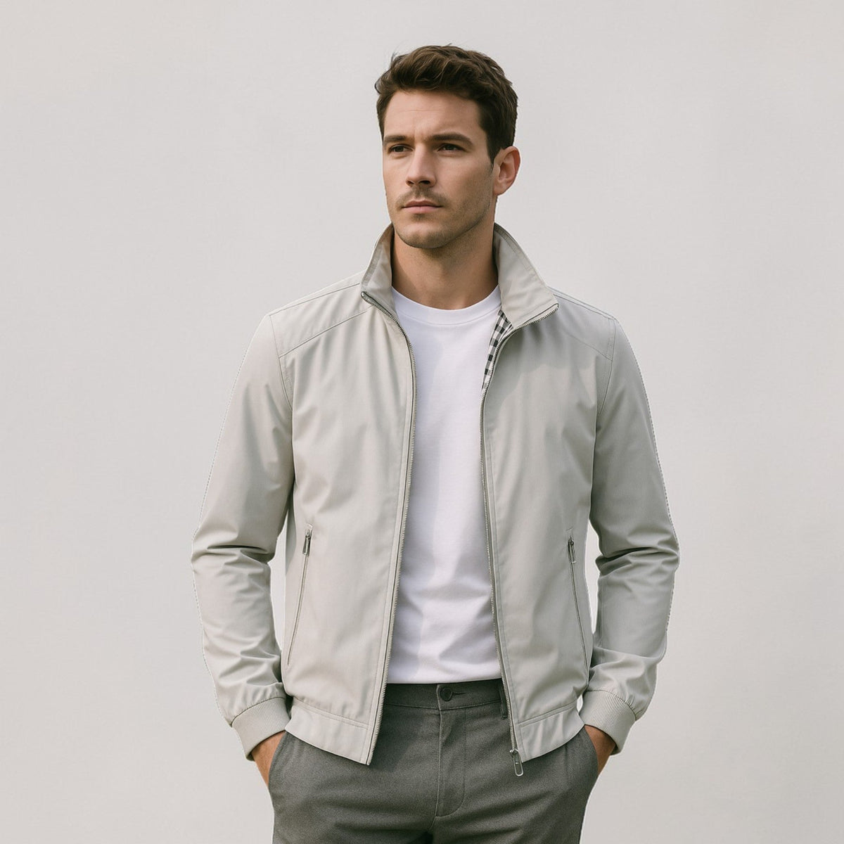 Lekka męska kurtka przejściowa na zamek w stylu smart casual - Szary