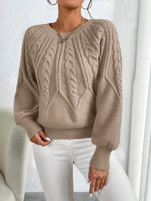 Beżowy sweter damski z warkoczowym wzorem i bufiastymi rękawami - Khaki