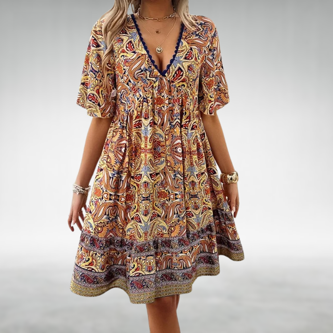 Krótka sukienka boho o luźnym kroju z dekoltem V - Żółty