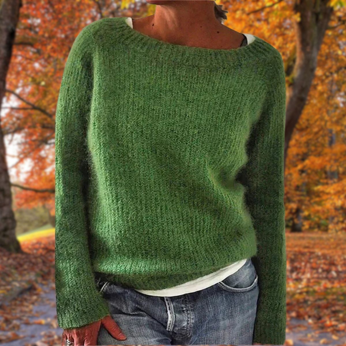 Damski sweter ze 100% wełny merino o klasycznym kroju - Zielony