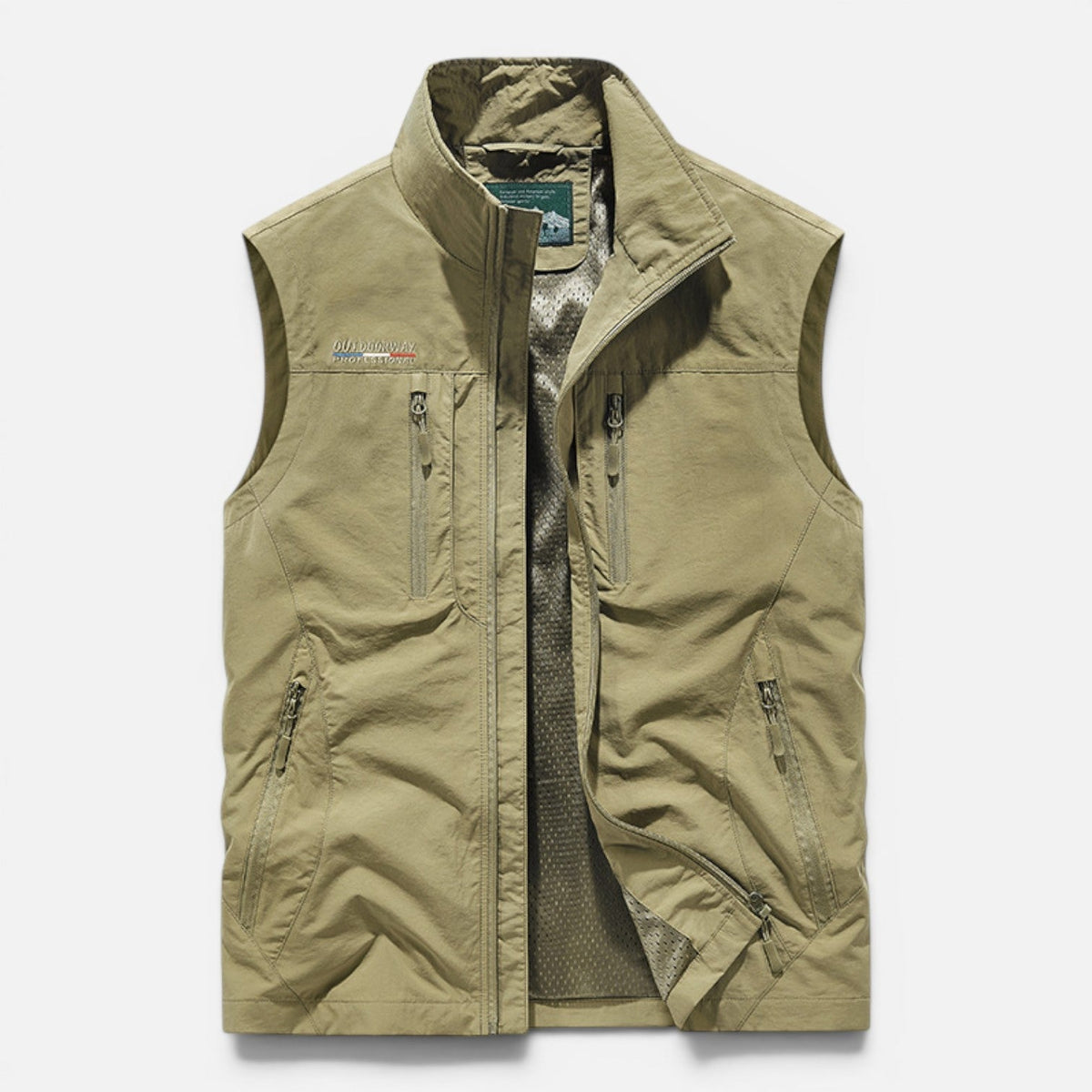 Lekka męska kamizelka outdoorowa z zamykanymi kieszeniami - Khaki